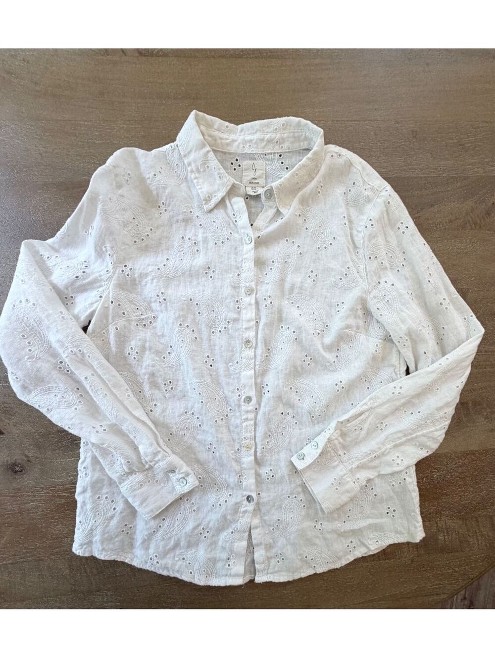 Joie 100% Linen White Eyelet Button Down Blouse Paisley Embroidered Boho Size M